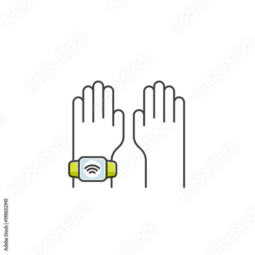 Vector Icon Style Illustration of NFC Payment made through watch. Hand wearing wristband. Pay or making a purchase contactless or wireless manner via POS Terminal. Mobile Banking and Payments