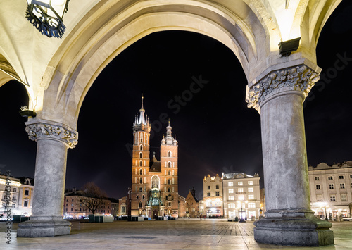 Main square and St. Mary's basilica in Krakow, Poland