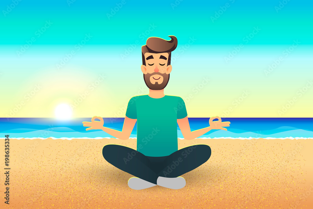 Cartoon flat happy man sitting on beach and meditating. Illustration of  handsome male relaxed calm in lotus pose. Man Yoga - relaxation in the  coast. Relax vacation summer holidays concept Stock Vector |