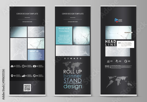 Roll up banner stands, flat design templates, corporate vertical vector flyers, flag layouts. Chemistry pattern, connecting lines and dots, molecule structure, scientific medical DNA research.