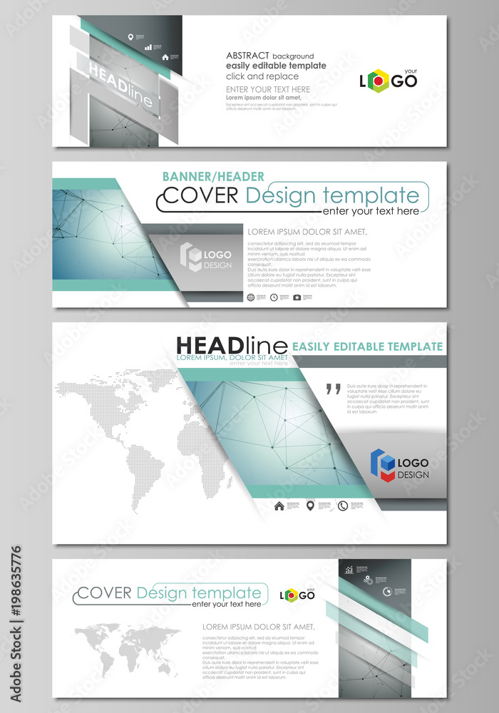 Social media and email headers set, modern banners. Abstract design template, vector layouts in popular sizes. Geometric background. Molecular structure. Scientific, medical, technology concept.