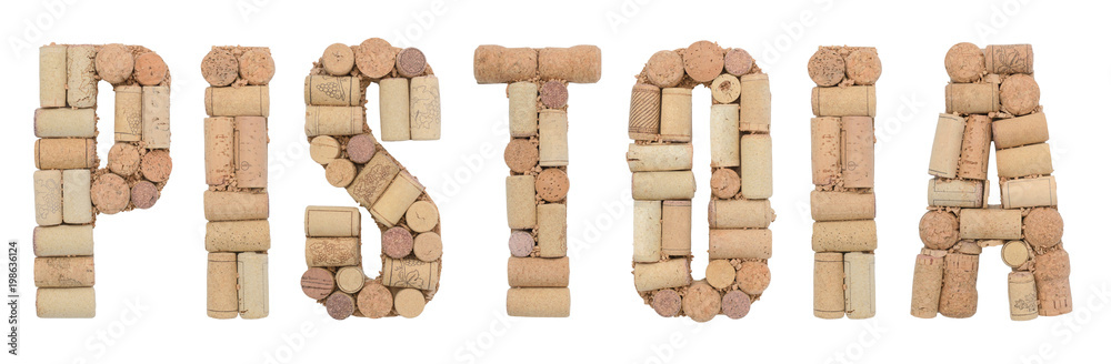Italian province Pistoia made of wine corks Isolated on white background