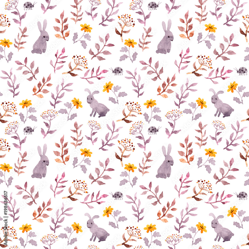 Seamless floral pattern - cute flowers, leaves and watercolour hares