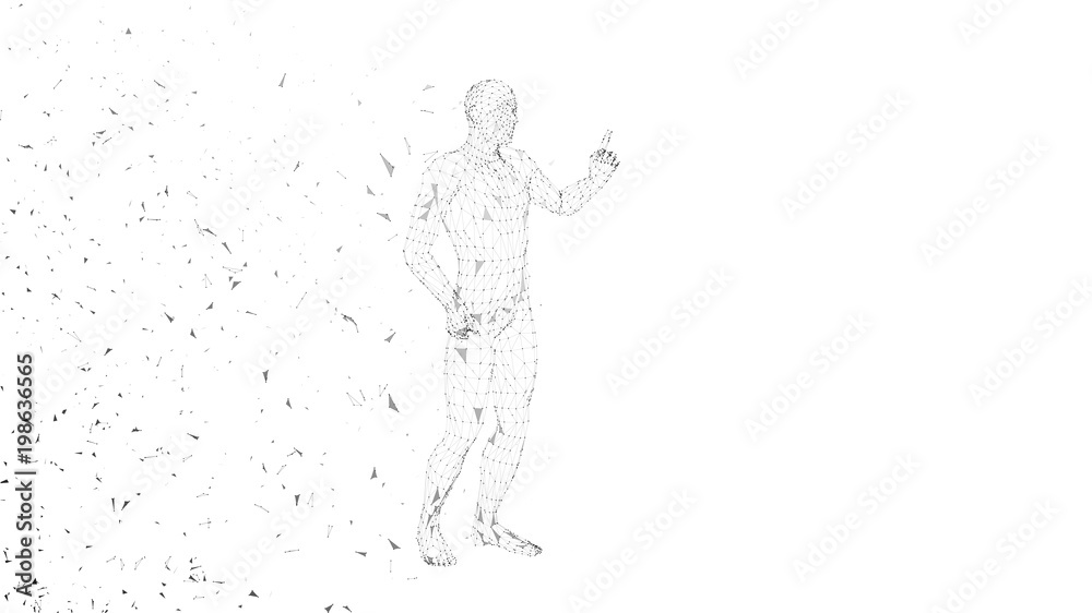 Conceptual abstract man pointing finger up. Connected lines, dots, triangles, particles. Artificial intelligence concept. High technology vector digital background. 3D render vector illustration