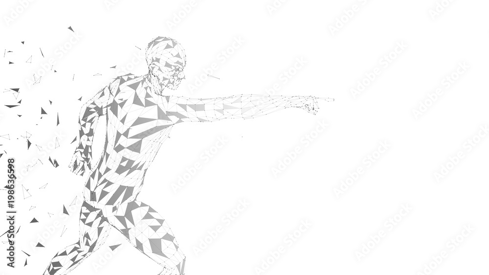 Conceptual abstract man touching or pointing to something. Connected lines, dots, triangles. Artificial intelligence concept. High technology vector digital background. 3D render vector illustration