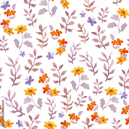 Seamless naive floral background. Cute flowers  leaves  butterflies. Watercolour