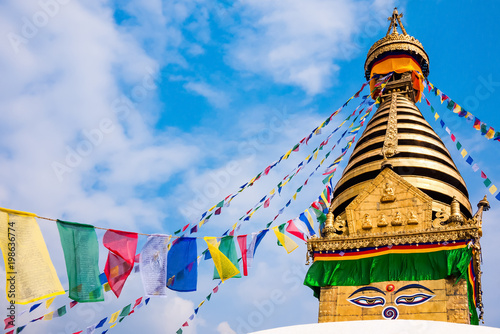 Kathesimbhu Stupa with Buddha eyes and prayer colorful flags in Kathmandu, Nepal