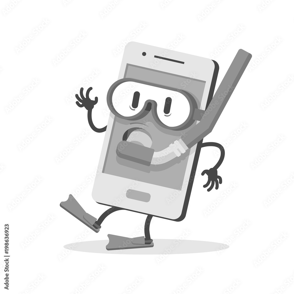 Submersible Mobile with Diving Glasses, Breathing Tube in the mouth and diving fins. Flat design, vector illustration.