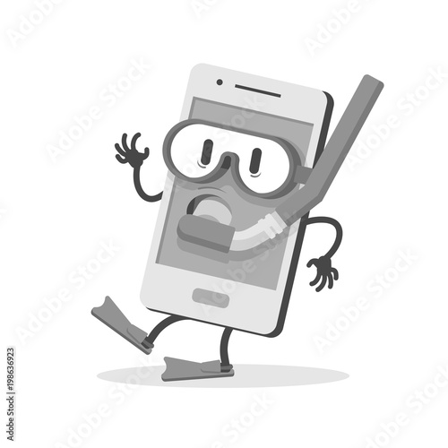 Submersible Mobile with Diving Glasses, Breathing Tube in the mouth and diving fins. Flat design, vector illustration.