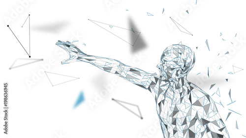 Conceptual abstract man touching or pointing to something. Connected lines, dots, triangles, particles. Artificial intelligence concept. High technology vector, digital background. 3D render vector