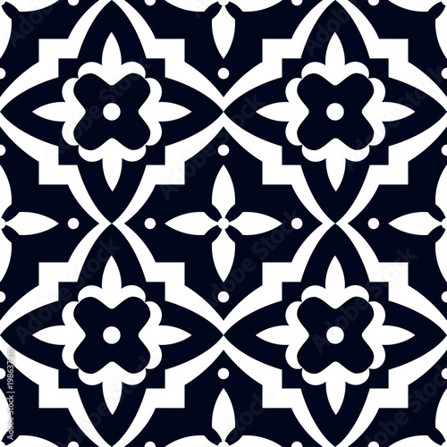 Vector oriental pattern in blue color. Tile or dutch tile style. Turkish pattern