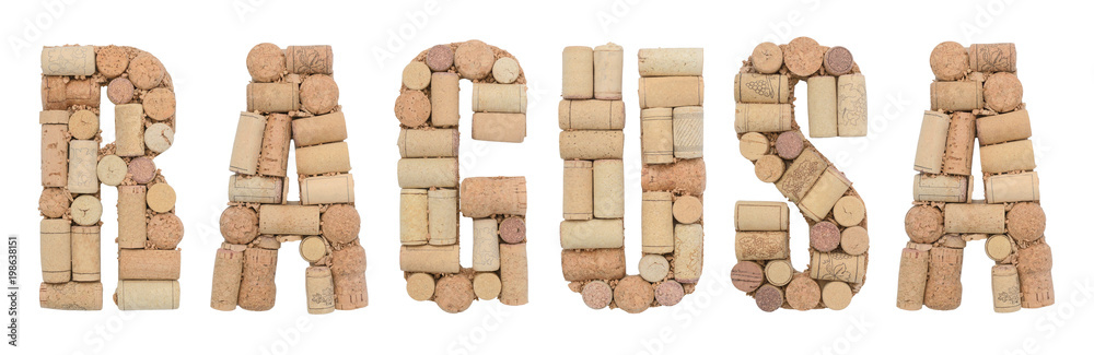 Italian province Ragusa made of wine corks Isolated on white background