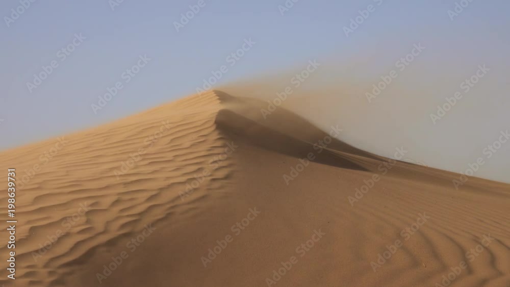 Sand blowing over sand dunes in wind, Sahara desert, 4k

