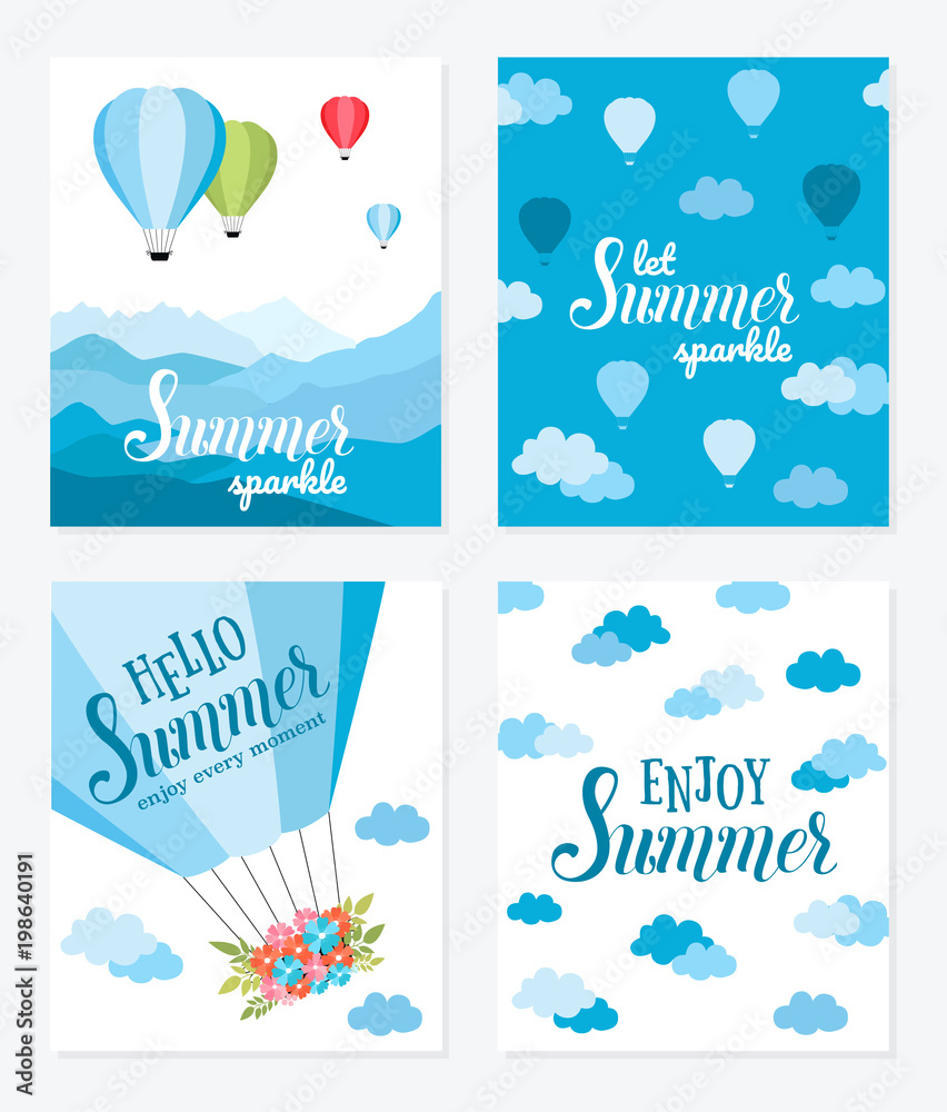 Summer vector cards with hot air balloon in the sky with clouds