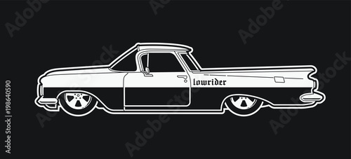 Monochrome low rider car. Retro style pick up.