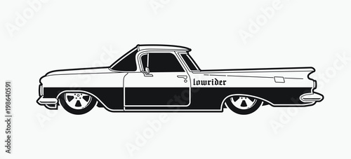 Monochrome low rider car. Retro style pick up.