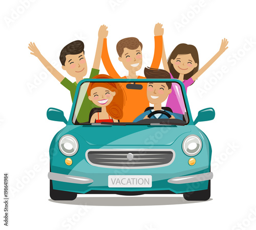 Vacation, journey concept. Happy young people or friends are traveling by car. Cartoon vector illustration