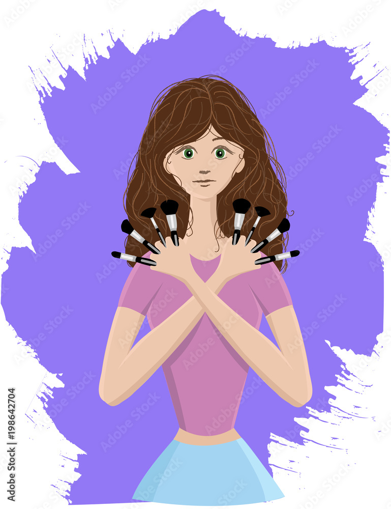 Beautiful make up artist with brushes in hands. Attractive girl with professional make up brushes on the violet splashes background. Beautiful make up artist with brushes in hands. Attractive girl with professional make up brushes on the violet splashes background.