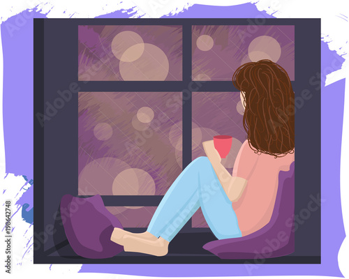 Vector calendar 2018 December.Girl with the cup of tea at the evening after working day; Girl drinking the tea sitting on windowstill; looking on the rainy city at night and relaxing after hard day