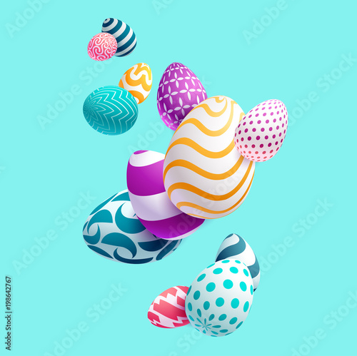 Composition of 3D Easter eggs. Holiday background.