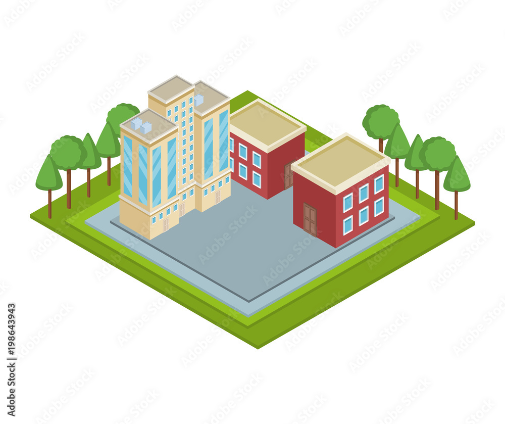 Isometric residences buildings vector illustration graphic design