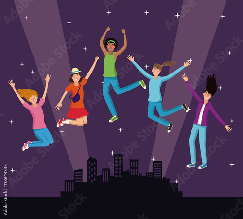 Young people jumping at city night vector illustration graphic design
