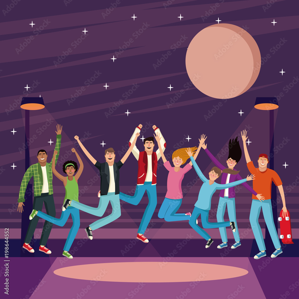Young people jumping at city night vector illustration graphic design