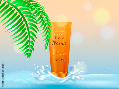 Cosmetic tube with sunscreen with splash of cream and branch of a palm tree. Vector illustration