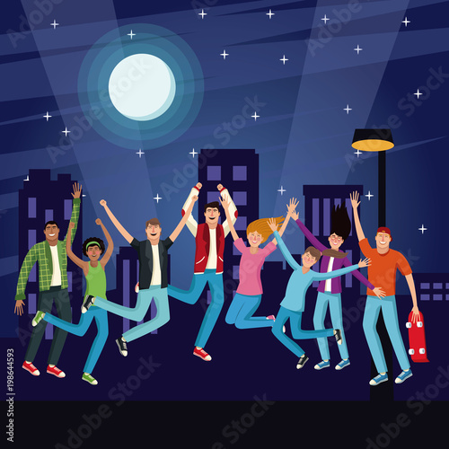 Young people jumping at city night vector illustration graphic design