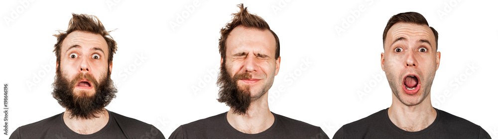 Obraz premium Young guy with beard and without a beard. Man before and after shave. Isolated.