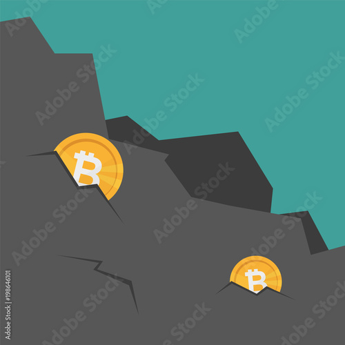 Mining bitcoin in Rock. Extraction Crypto currency. Virtual money. Vector illustration - flat cartoon