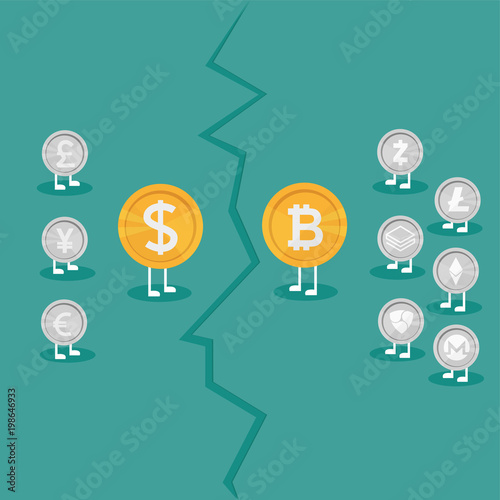 Real money vs Bitcoin virtual money - Crypto Currency Growing concept. Business concept. war between currencies