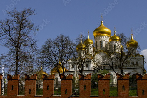 Kremlin wall and and the white stone orthodox church with the bell tower of Ivan the Great. Photographed in Moscow on May a sunny spring day.Kremlin, Moscow, Russia.