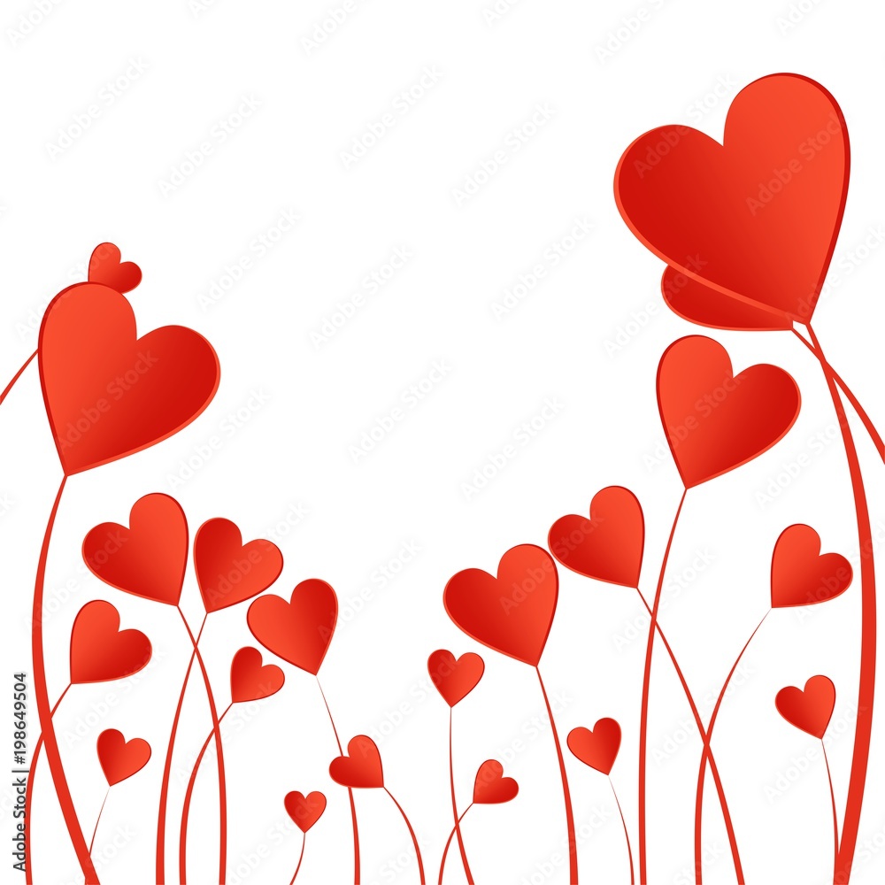 Valentine background with red hearts on a stalk on a white background. Greeting for lovers and for Mother's Day 