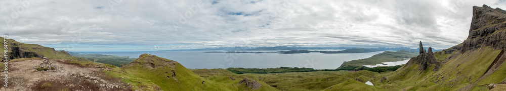 Panorama photo of the landscape around the Old Man of Storr in Scotland