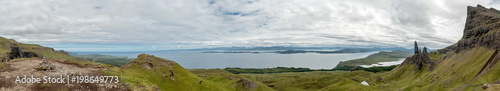 Panorama photo of the landscape around the Old Man of Storr in Scotland