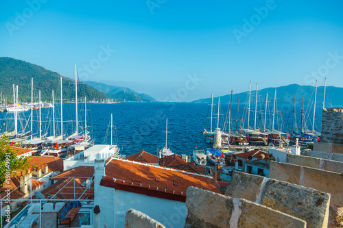 View to the buildings of the Marmaris resort town in Marmaris, Turkey.