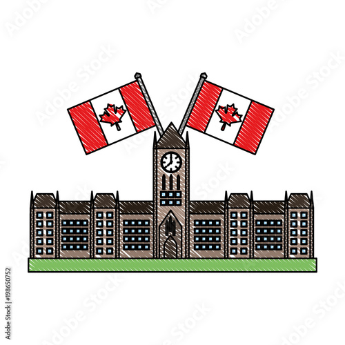 ottawa parliament monument canada with flags vector illustration drawing color