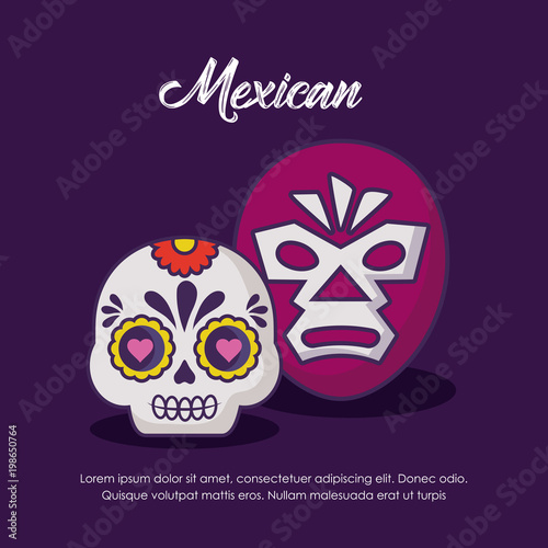 Mexican design with wrestlign mask and sugar skull over purple background, colorful design. vector illustration