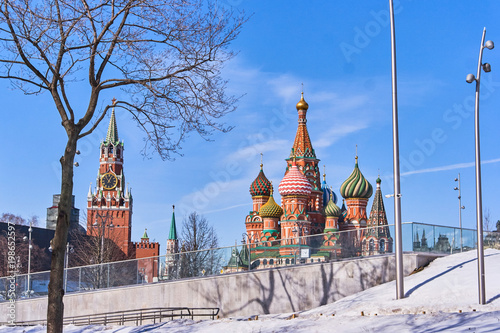 Gorgeous winter view on Kremlin from new and modern Zaryadye park in Moscow, Russia