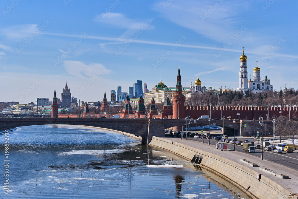 View of Moskva river and Kremlin from new floating bridge in Zaryadye park, Moscow, Russia
