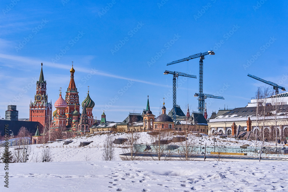 Gorgeous winter view on Kremlin from new and modern Zaryadye park in Moscow, Russia Gorgeous winter view on Kremlin from new and modern Zaryadye park in Moscow, Russia