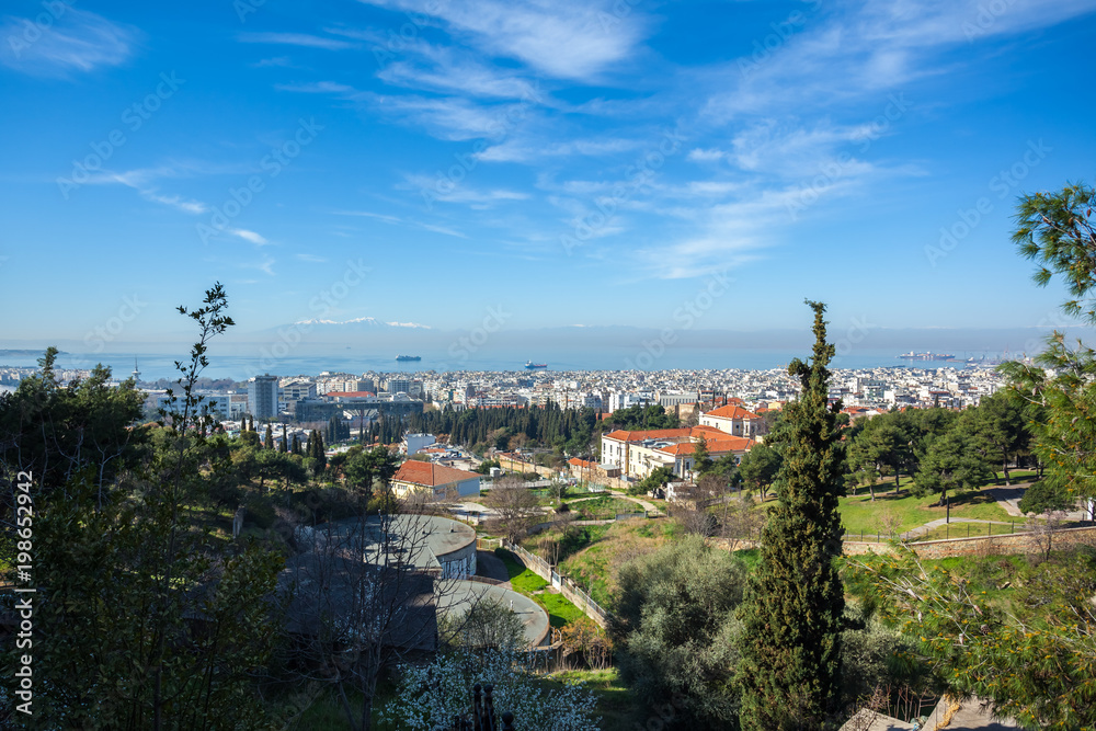 10.03.2018 Thessaloniki, Greece - Panoramic View of Thessaloniki city, the sea and the olympous mountain
