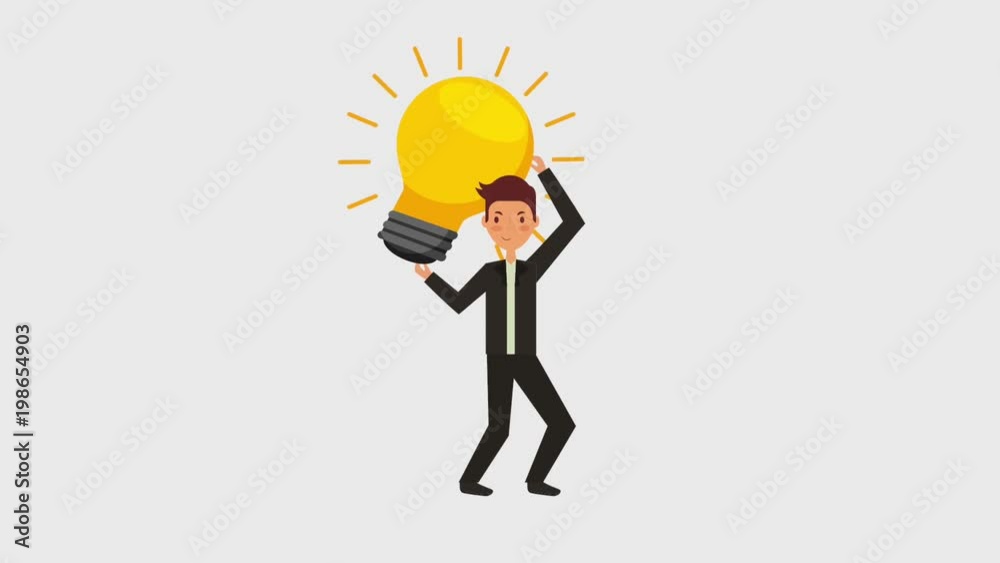 young man holding big bulb light idea innovation animation hd young man holding big bulb light idea innovation animation hd