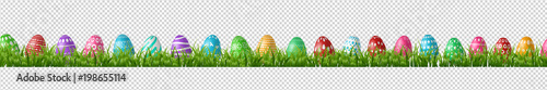 Vector realistic isolated easter eggs in grass borders for decoration and covering on the transparent background. Concept of Happy Easter.