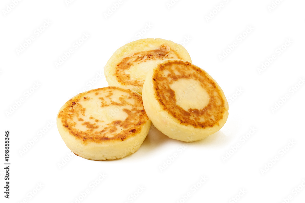 cheese pancakes on white background isolated
