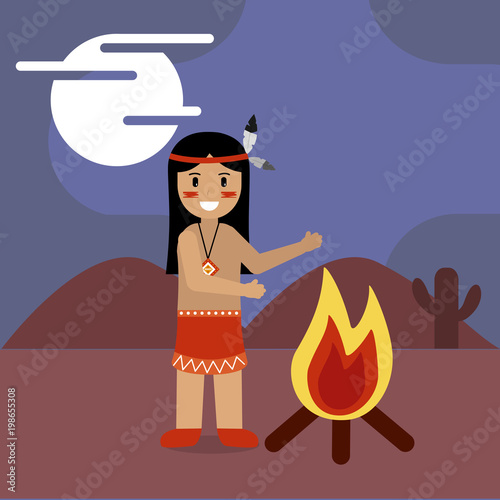 native american with bonfire desert night vector illustration