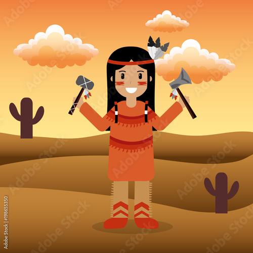 female native american holding tomahawks in hands with desert landscape vector illustration