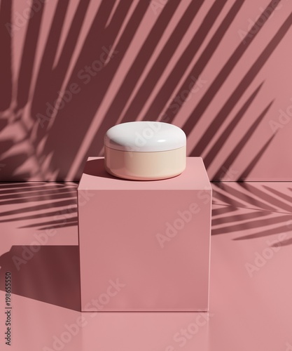 natural cosmetic cream , serum, skincare blank bottle packaging with leaves herb, wood . bio organic product.beauty and spa concept. 3d illustration