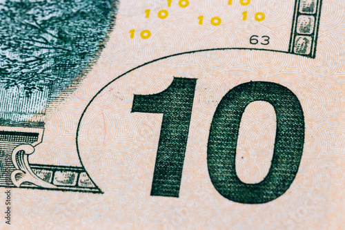 close-up 10 US dollar bills. Background